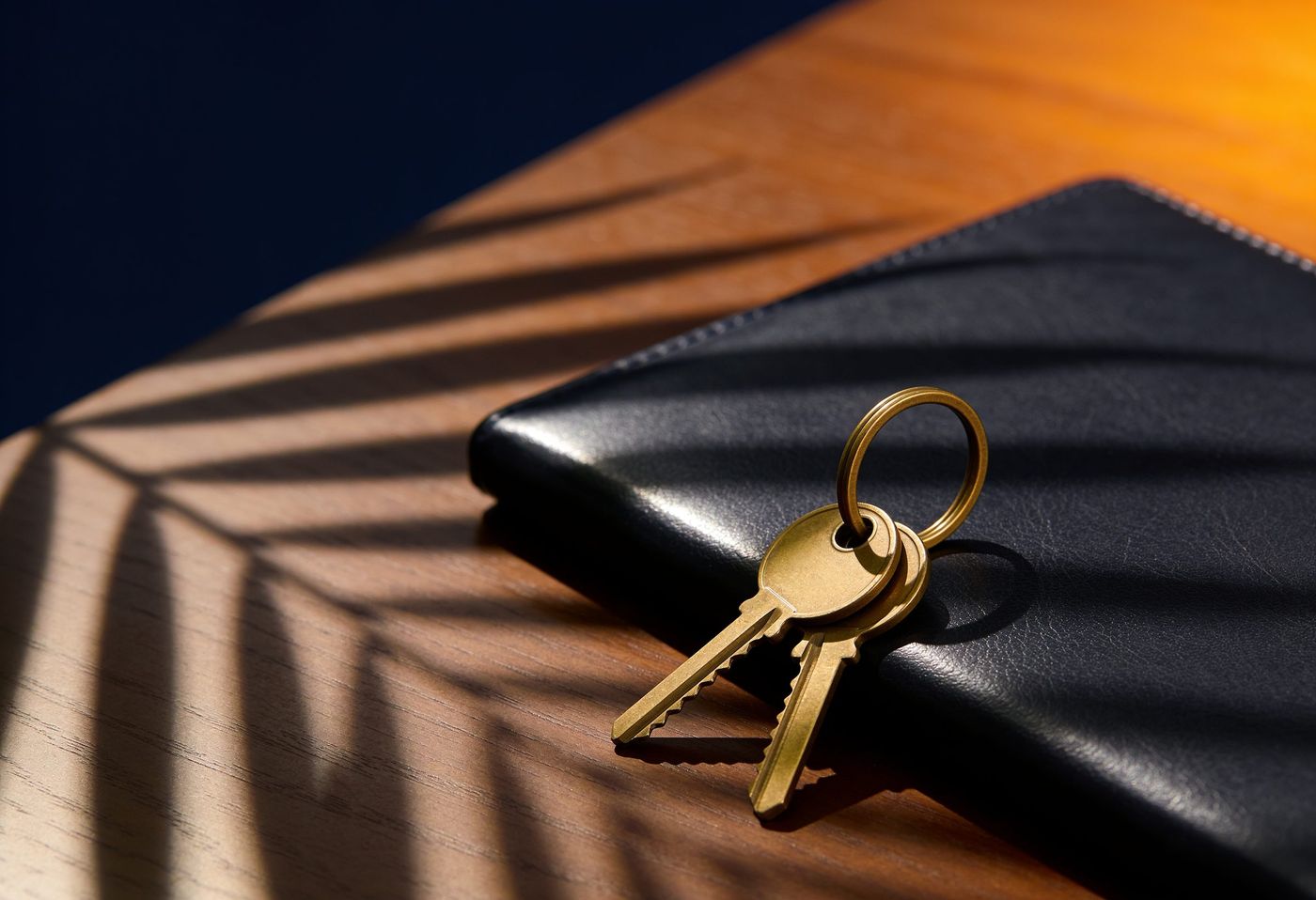 House keys on a brass ring resting on a dark leather folio
