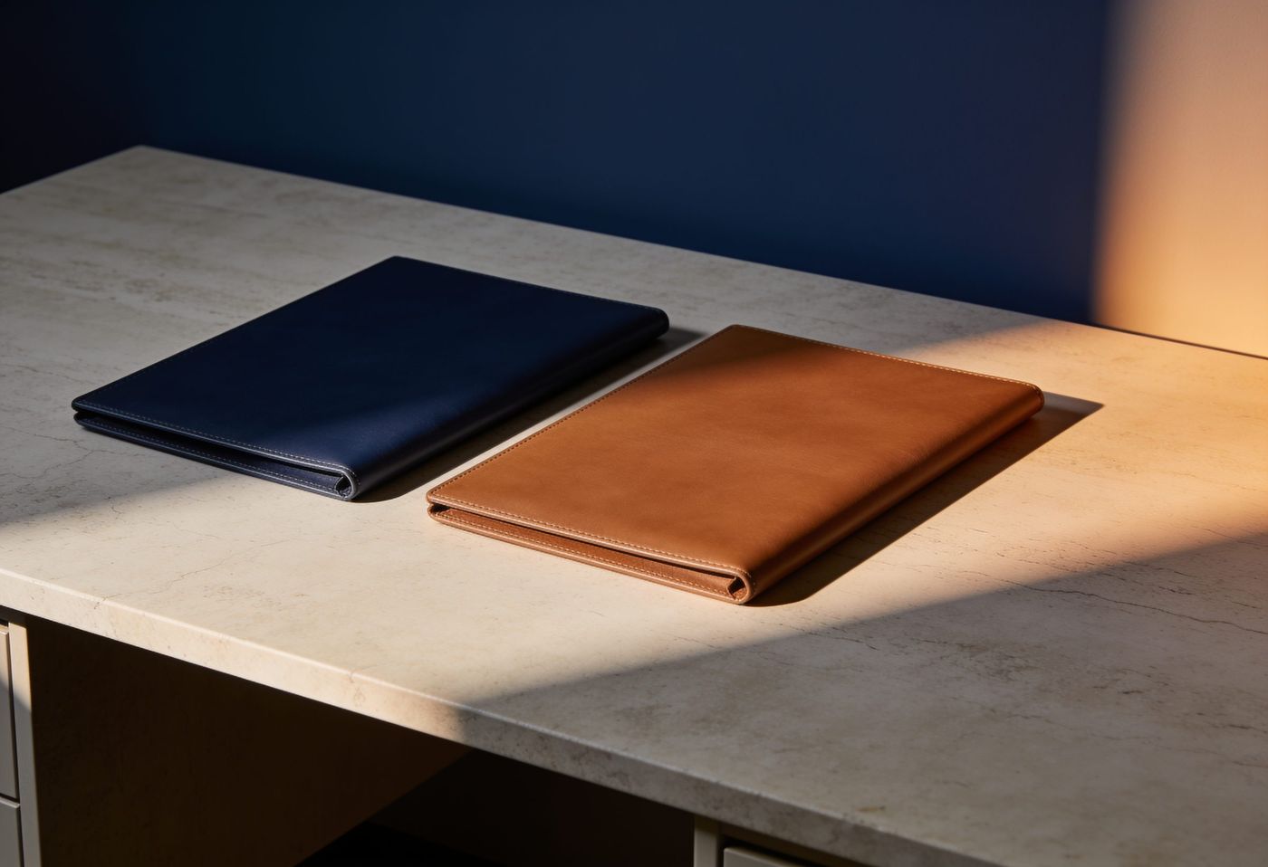 Two leather folios side by side on a stone desk, one navy and one cognac