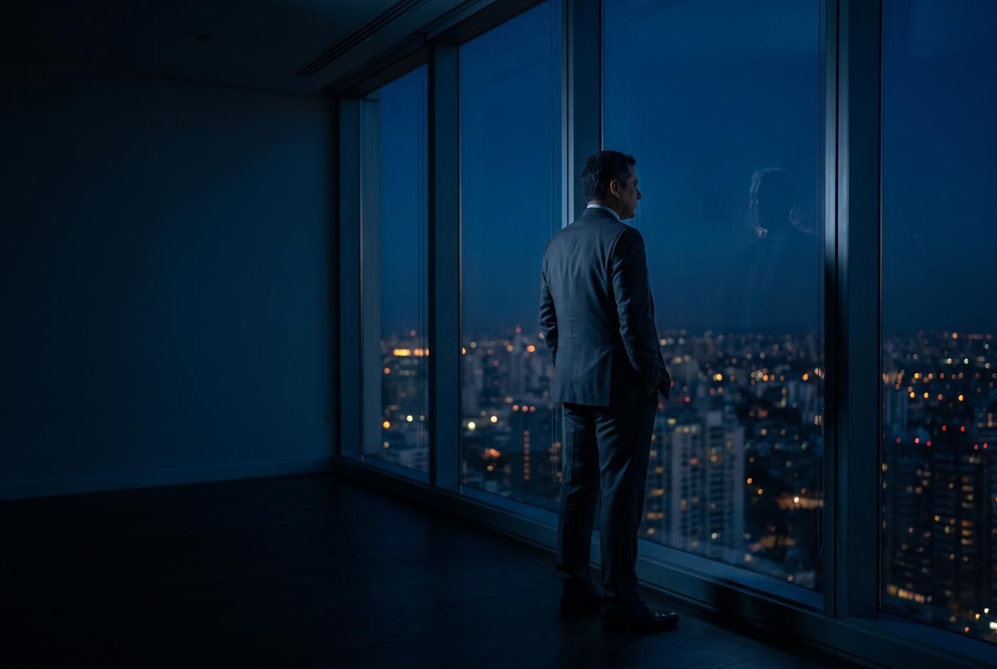A man in a suit looking out over a city at night from a tall window (generated image)