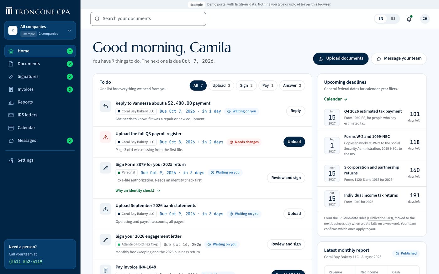 The MTroncone CPA client portal home screen, with to-dos, deadlines and messages (demo with fictitious data)