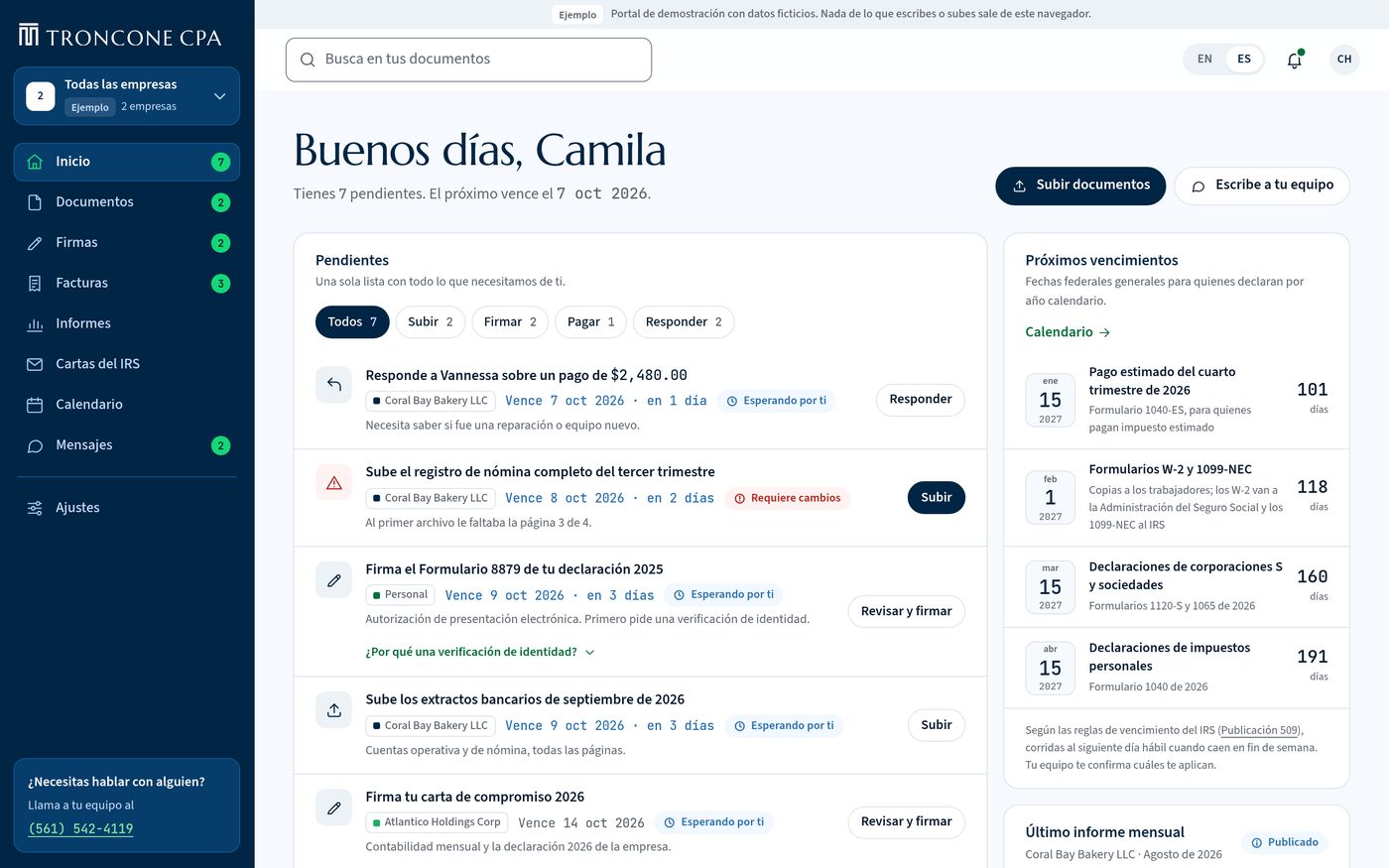 La pantalla de inicio del portal de clientes de MTroncone CPA, con pendientes, vencimientos y mensajes (demo con datos ficticios)