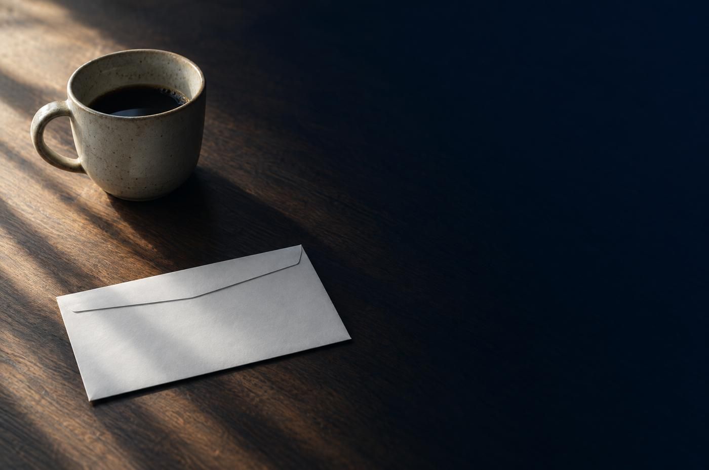 A closed white envelope on a dark wooden desk beside a cup of coffee