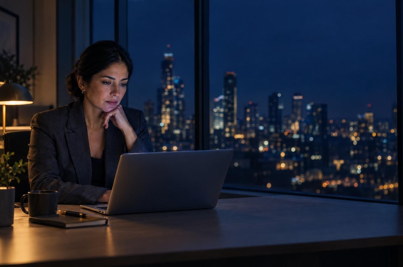 A woman working on a laptop by a window with a city at night behind her (generated image)