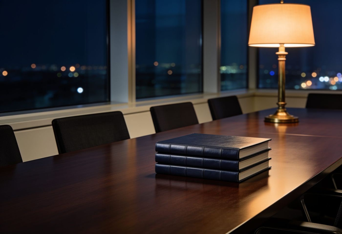 A boardroom at night with three plain navy volumes and a brass lamp
