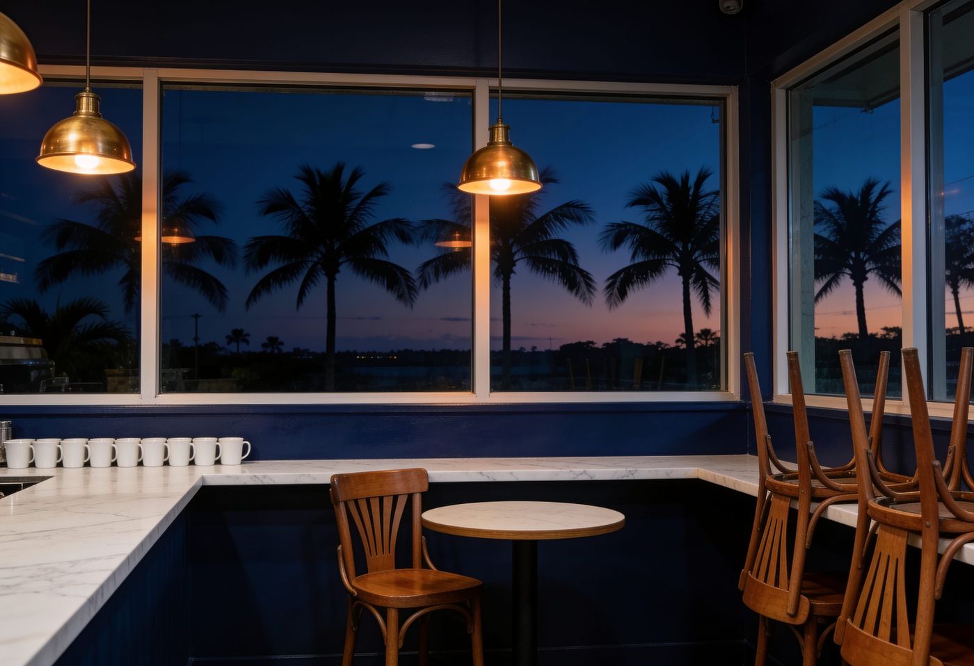 A navy cafe with a marble counter at dawn, chairs still upturned