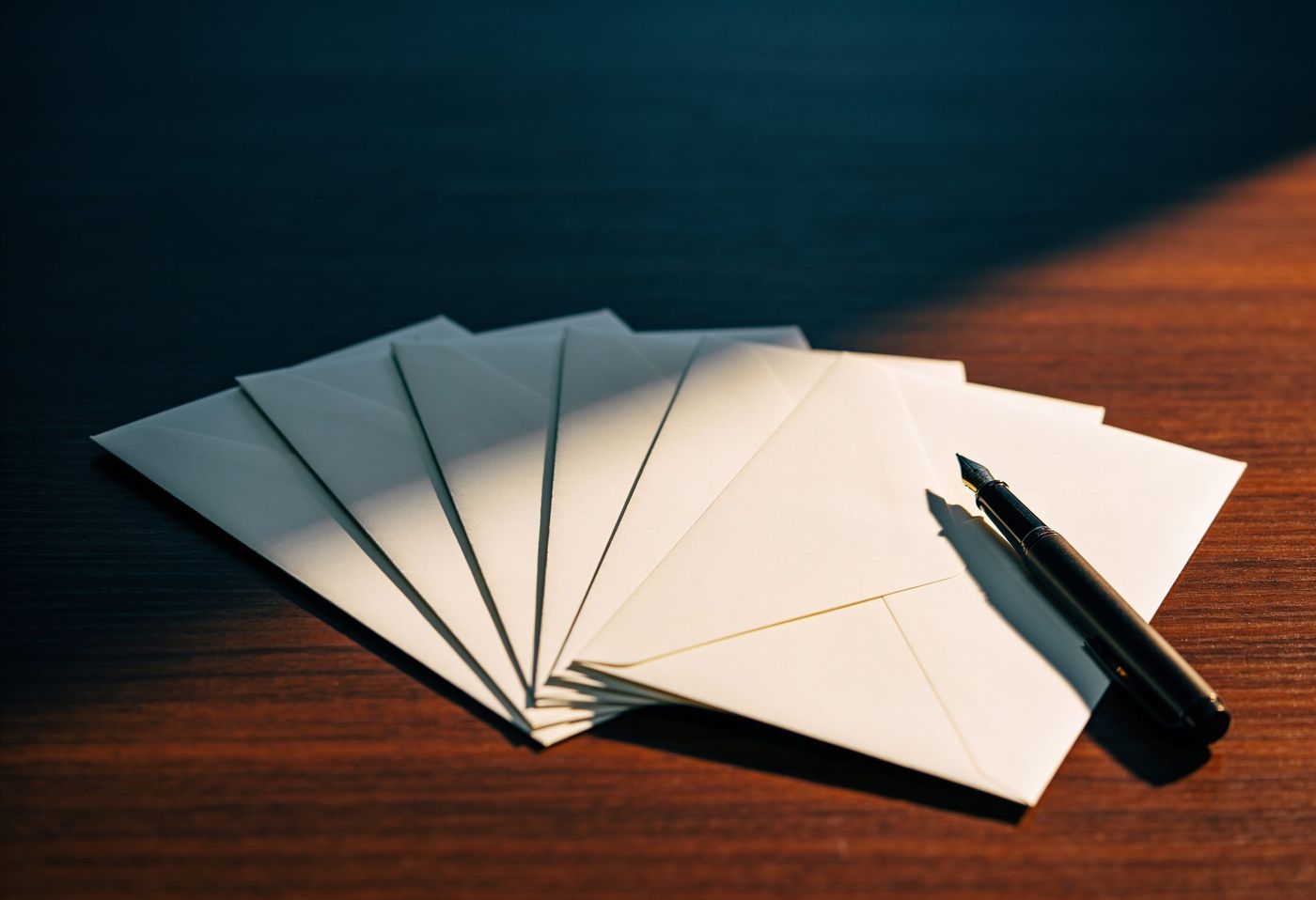 Plain white envelopes fanned out on a walnut desk beside a black pen