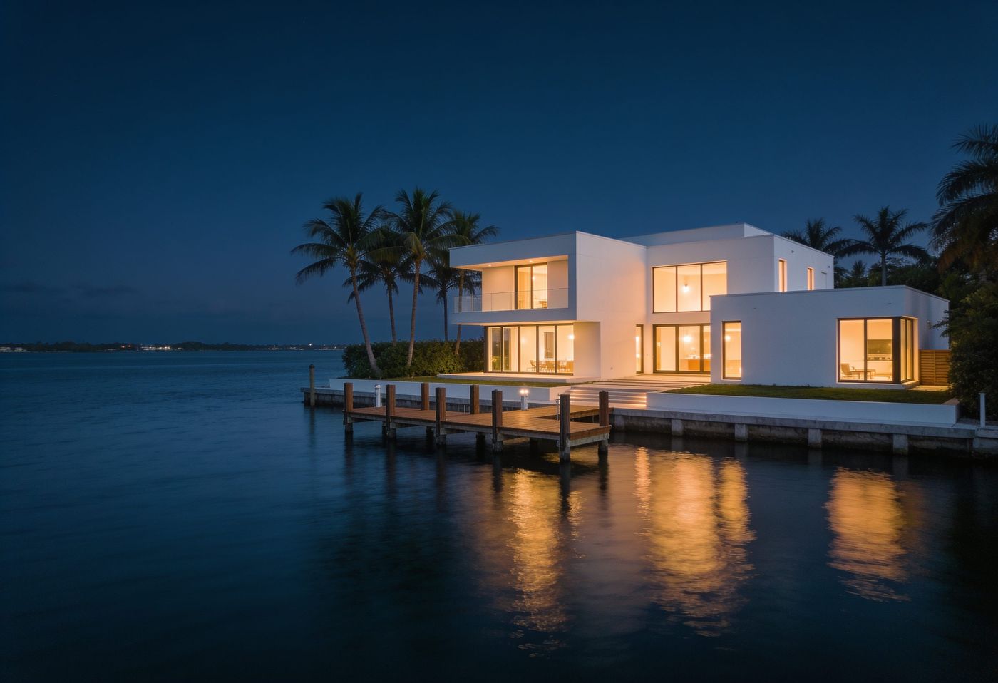 A modern Florida waterfront home at blue hour, seen across calm water